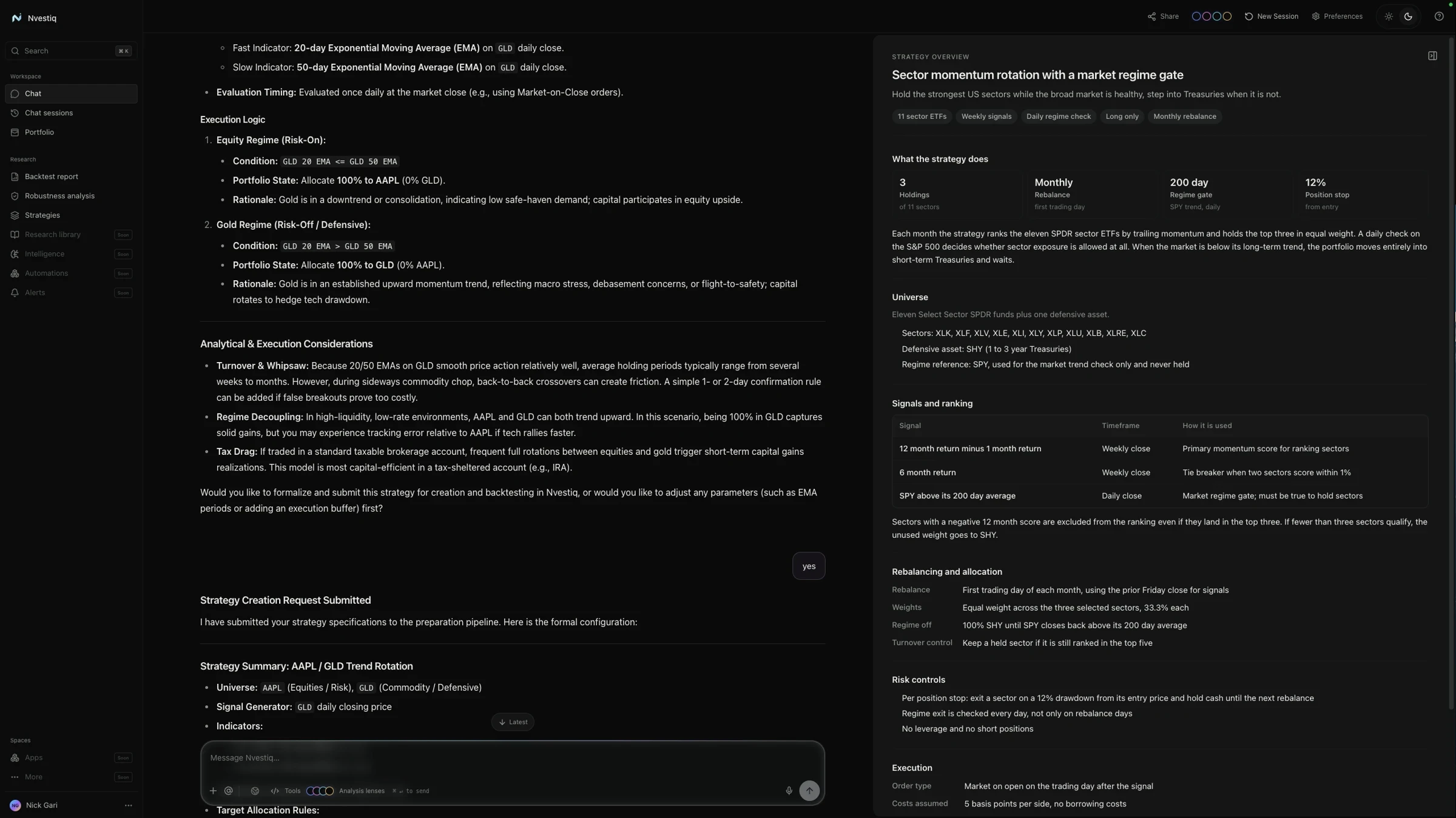 Nvestiq chat building a sector ETF rotation strategy from a plain-English description, with a Strategy Overview panel that lays out the universe, signals and ranking, rebalancing, risk controls, and execution and costs.